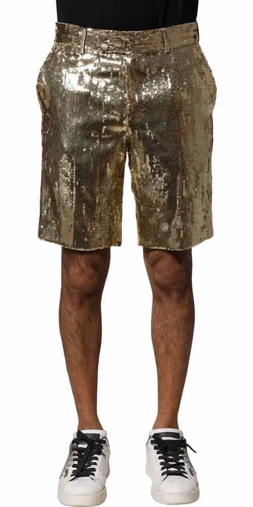 Dolce & Gabbana Gold Sequin Polyester Embellished Bermuda Shorts
