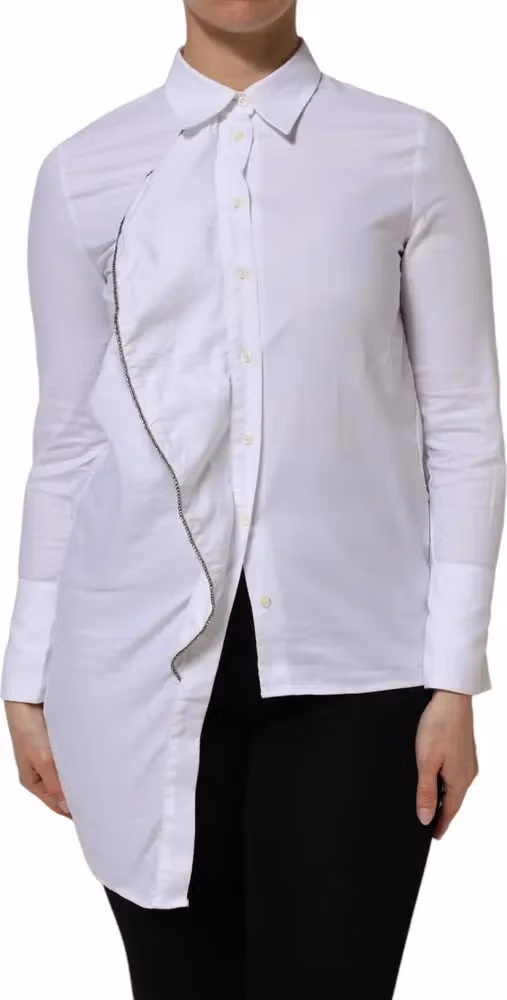 AGLINI White Cotton Collared Long Sleeves Ruffle Top Shirt