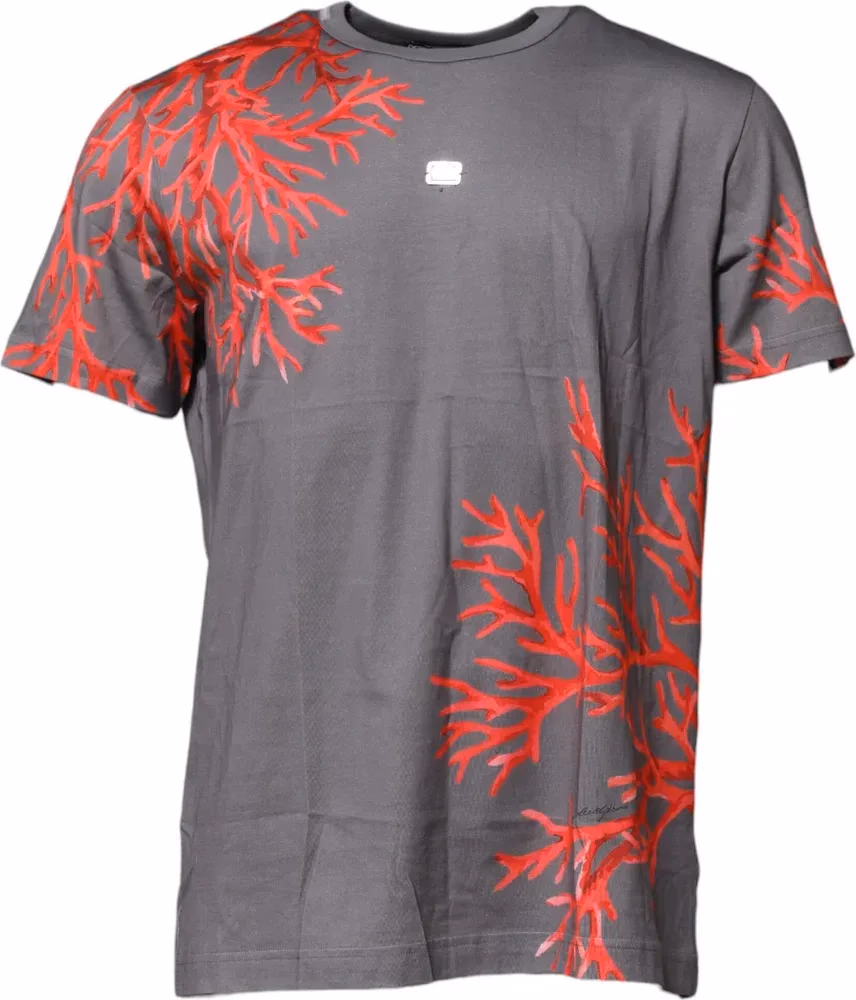 Dolce & Gabbana Gray Cotton Coral Print Logo Plaque T-shirt