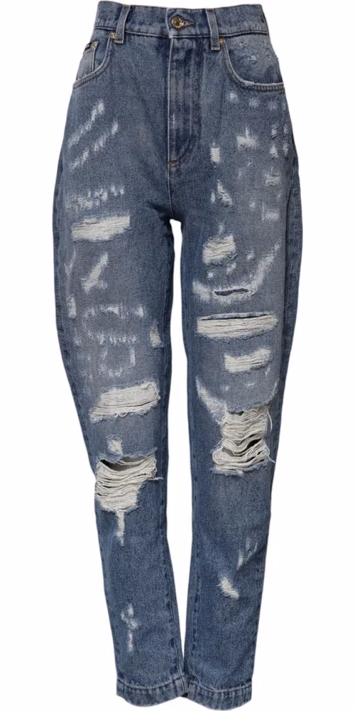 Dolce & Gabbana Blue Cotton Tattered High Waist Denim Jeans