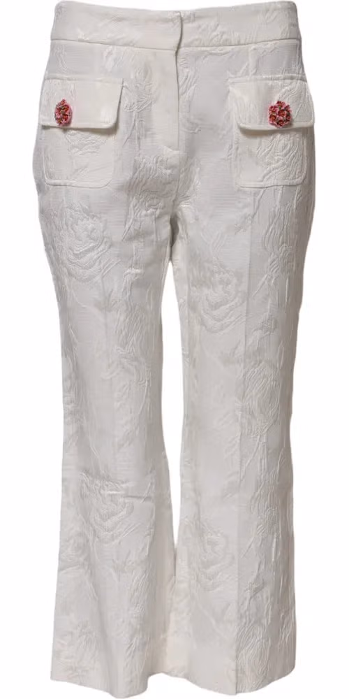Dolce & Gabbana White Cotton Floral Jacquard Pants