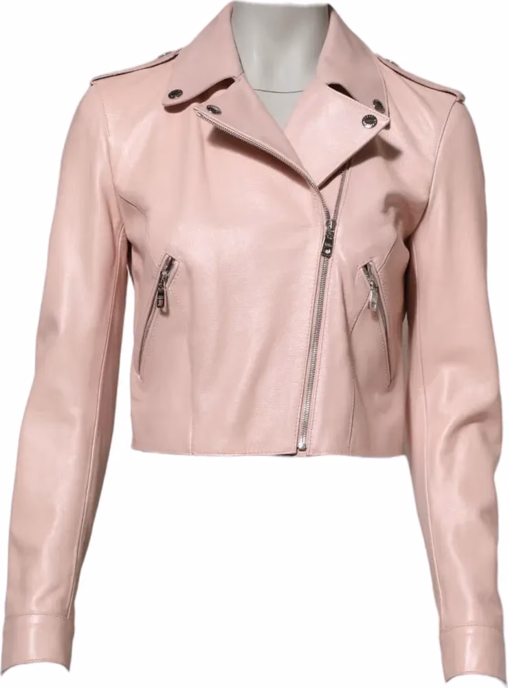 Dolce & Gabbana Light Pink Collar Leather Women Biker Jacket