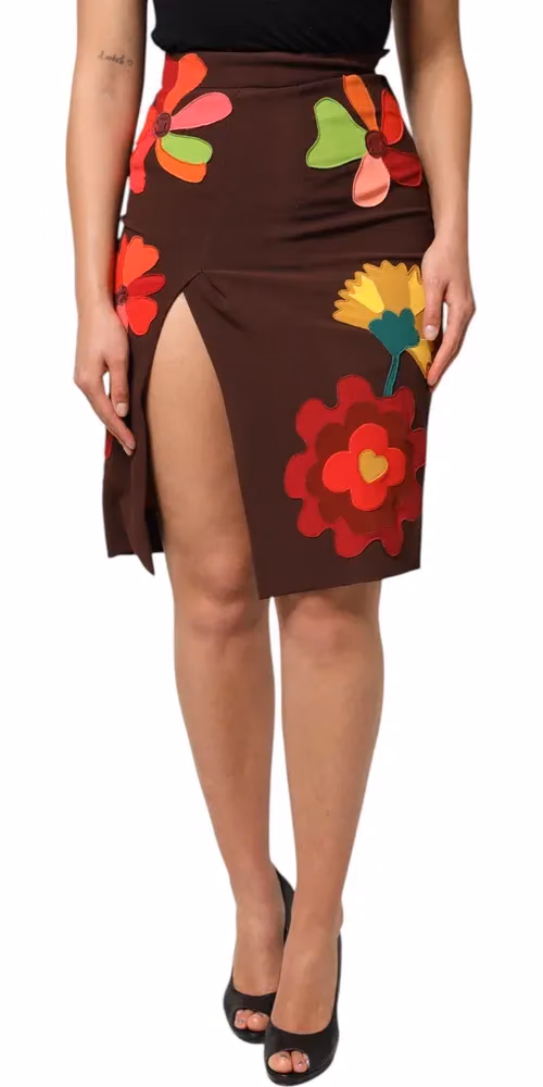 Dolce & Gabbana Brown Floral High Waist Side Slit Skirt