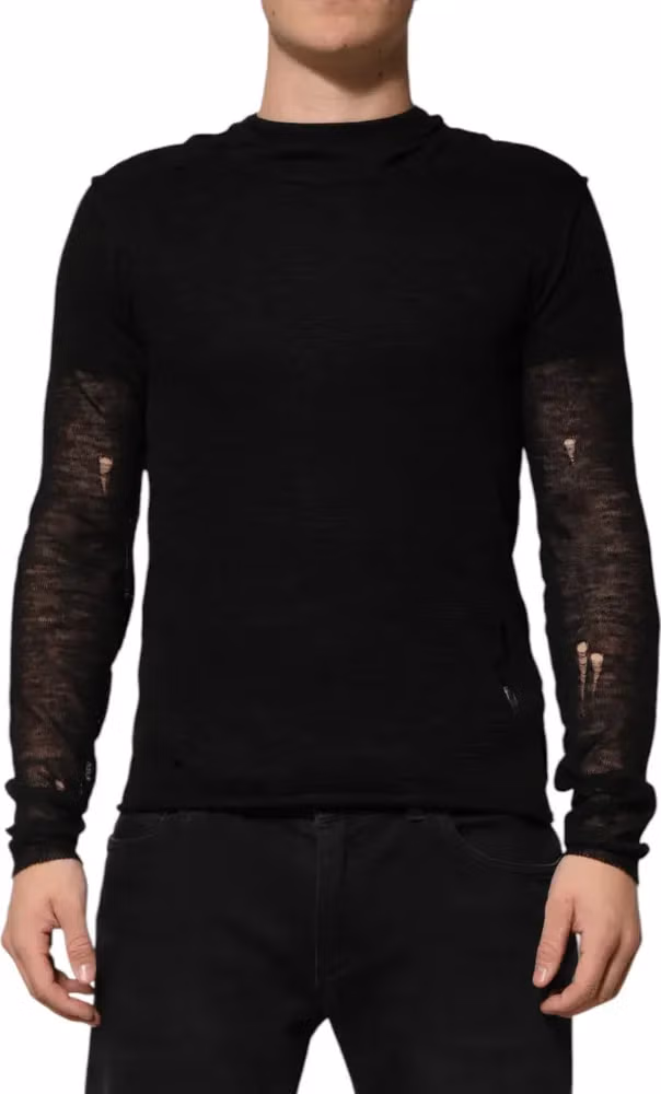 Dolce & Gabbana Black Linen Mesh Tattered Longsleeves T-shirt