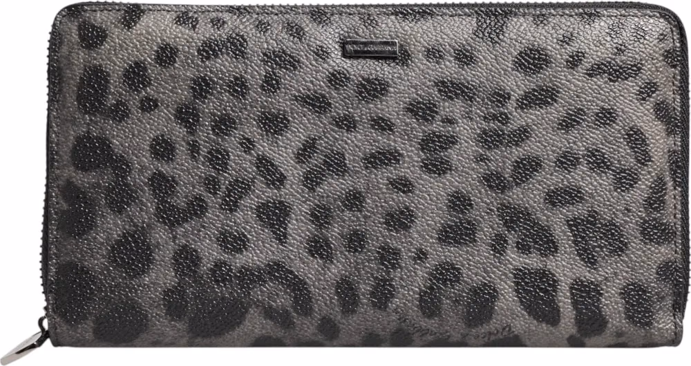 Dolce & Gabbana Black Gray Leopard Leather Zip Around Continental Wallet