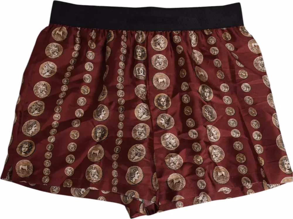 Dolce & Gabbana Burgundy Silk Coin Print Men Boxer Short Swimwear