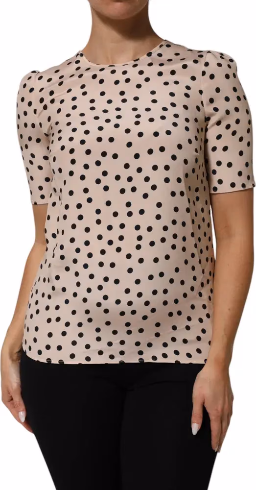 Dolce & Gabbana Beige Black Polka Dot Silk Short Sleeve Blouse Top