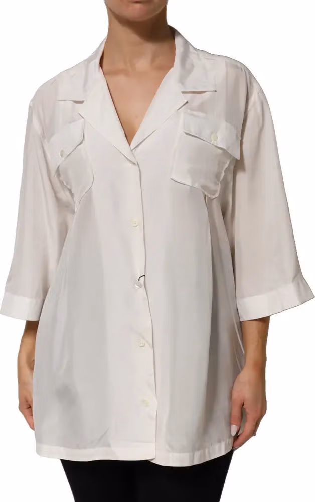 Dolce & Gabbana White Silk Collared 3/4 Sleeves Blouse Top