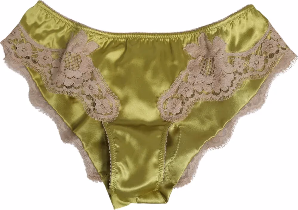 Dolce & Gabbana Green Silk Satin Floral Lace Trim Panty Underwear