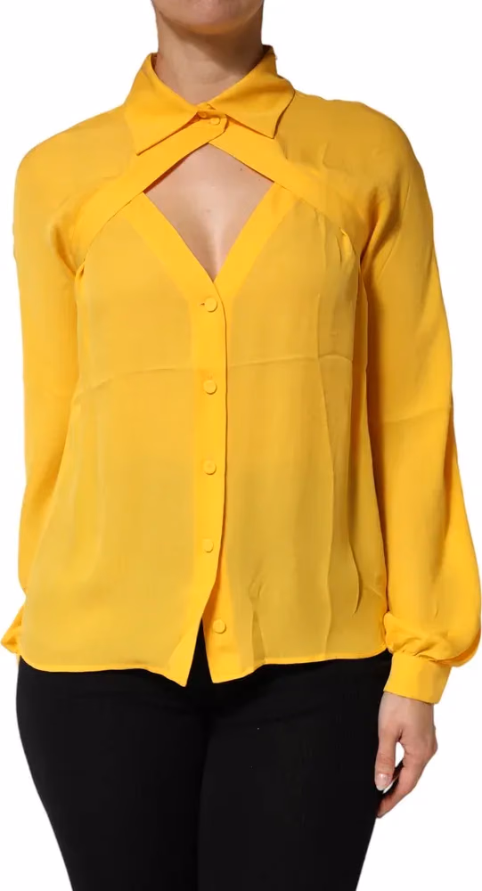 Moschino Couture Yellow Silk Collared Long Sleeves  Top