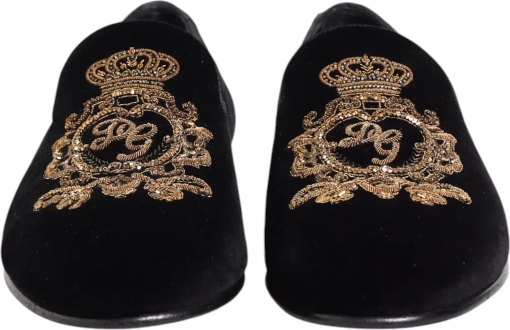 Dolce & Gabbana Black Velvet Gold Crown Mens Loafers Shoes