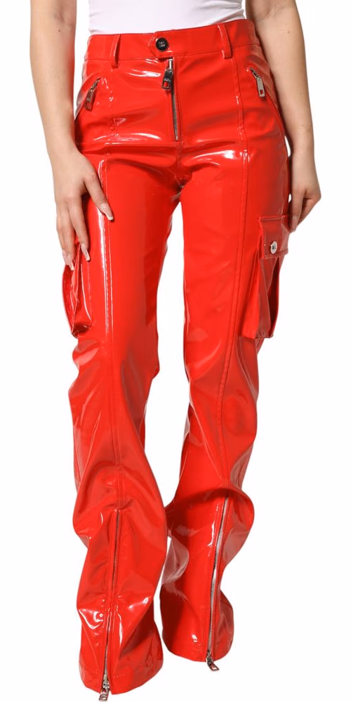 Dolce & Gabbana Red Glossy Polyester Cargo Boot Cut Pants