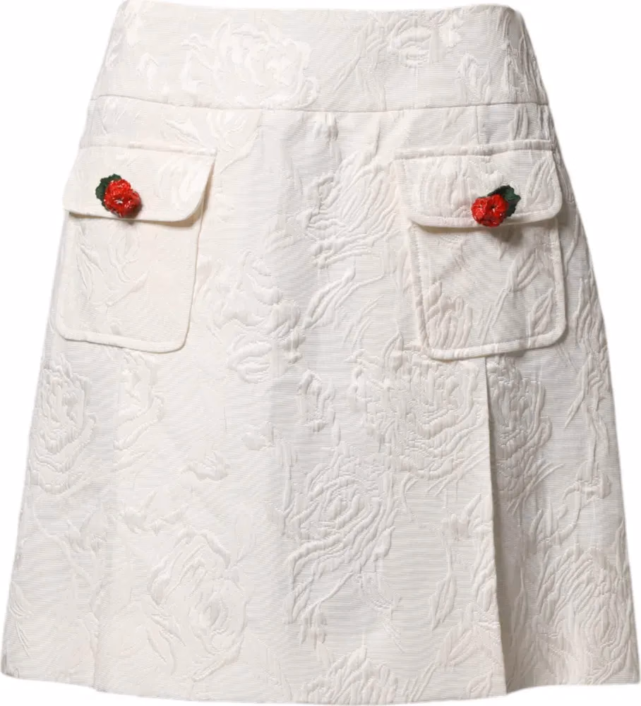 Dolce & Gabbana White Floral Brocade High Waist Mini Skirt