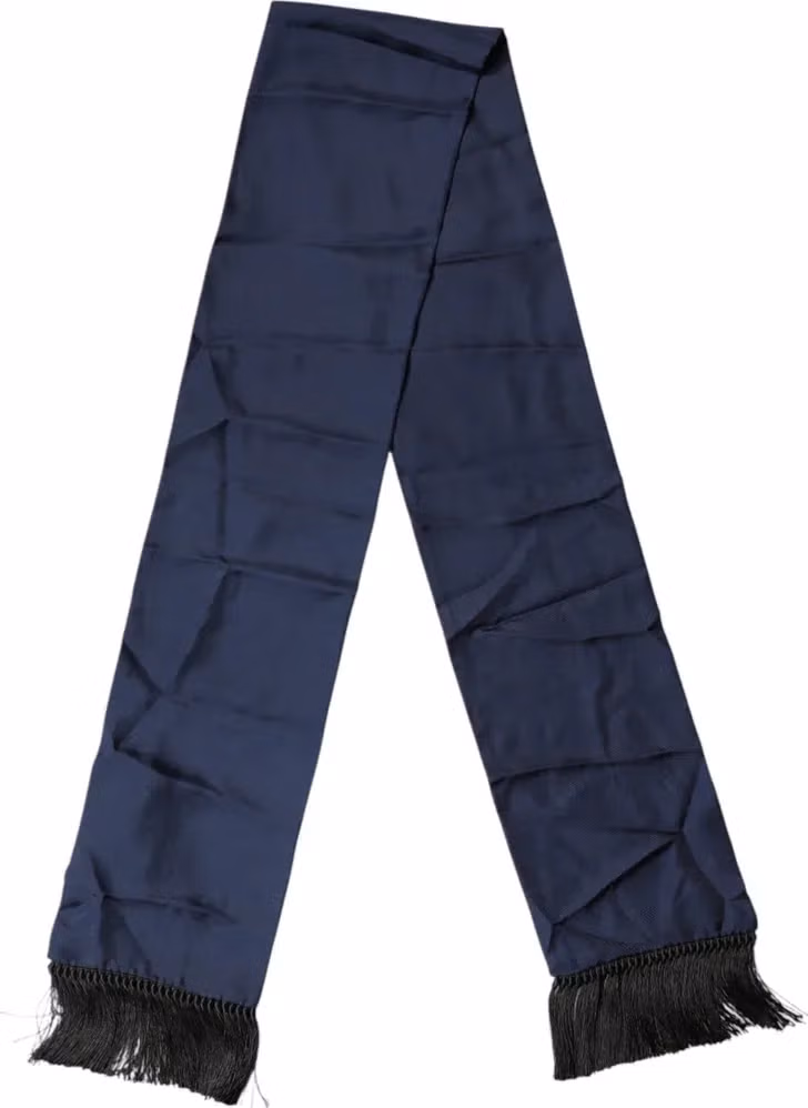 Dolce & Gabbana Navy Blue Silk Fringes Neck Foulard Scarf